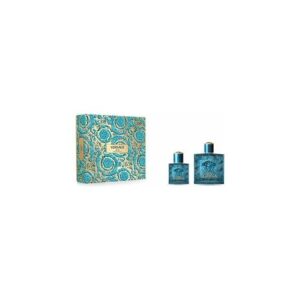 Parfüm-Geschenkset mit zwei blauen Flaschen und passender Schachtel.