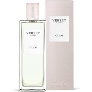 Parfümflasche und Karton der Marke Verset Parfums Glam auf weißem Hintergrund.