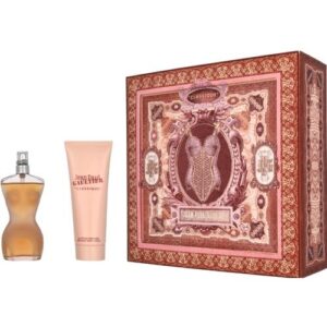 Parfümflasche und Körperlotion neben dekorativer Geschenkbox mit verzierten Mustern.