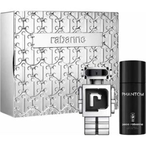 Silberne Geschenkbox mit Parfümflakon und Deospray von Paco Rabanne.