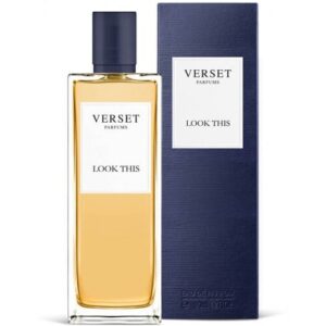 Rechteckige Parfümflasche und blaue Schachtel mit Aufschrift "Verset Parfums Look This".