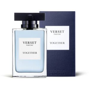 Parfumflasche mit Verpackung, blauer Inhalt, schwarzer Verschluss, Produktname "Verset Parfums Together".