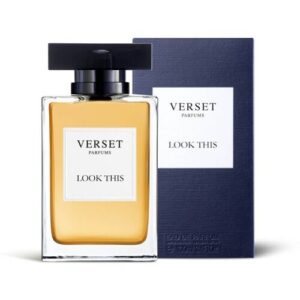 Rechteckige Parfümflasche und Verpackung mit der Aufschrift "Verset Look This".