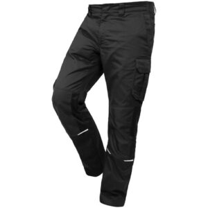 Schwarze Arbeitshose in Cargo-Stil mit mehreren Taschen und reflektierenden Details.