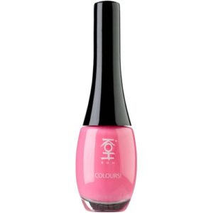 Pinker Nagellack in einer Flasche mit schwarzem Deckel.