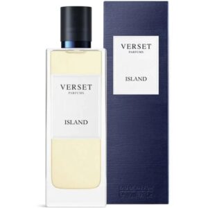 Verset Island Parfümflasche mit passender blauer Verpackung.