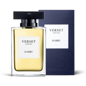 Klare Parfumflasche mit schwarzem Verschluss und passender blauer Verpackung.