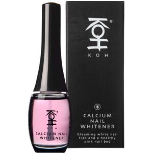 Flasche und Verpackung eines KOH Calcium Nail Whiteners auf weißem Hintergrund.