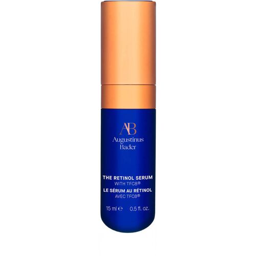 Blaues und goldenes Fläschchen mit Retinol-Serum und Aufschrift Augustinus Bader. Blaues und goldenes Fläschchen mit Retinol-Serum und Aufschrift Augustinus Bader.