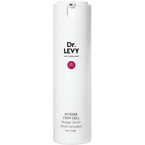 Weiße Flasche Dr. Levy Intense Stem Cell Booster Serum mit schwarzem Text. Weiße Flasche Dr. Levy Intense Stem Cell Booster Serum mit schwarzem Text.