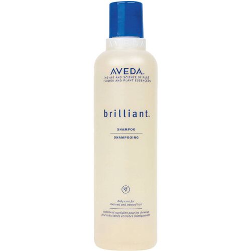 Transparente Shampooflasche von Aveda, blaue Details und Text auf der Vorderseite.