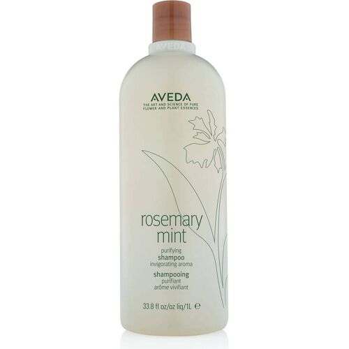 Eine große Flasche Aveda Rosemary Mint Shampoo mit Pflanzenmotiv. Eine große Flasche Aveda Rosemary Mint Shampoo mit Pflanzenmotiv.