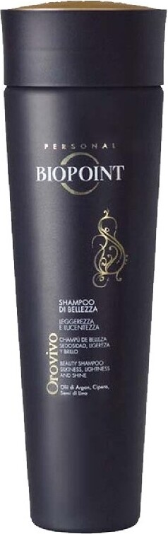 Schwarze Shampooflasche von Biopoint mit goldenem Logo auf Vorderseite.