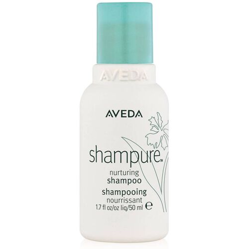 Weiße Shampoo-Flasche mit blauem Deckel und Aveda-Logo.