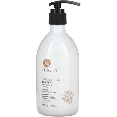 Weiße Shampoo-Flasche mit schwarzem Pumpverschluss auf weißem Hintergrund.