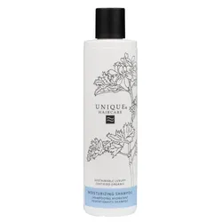 Weißes Shampoo-Behältnis mit floralem Design und schwarzer Kappe.