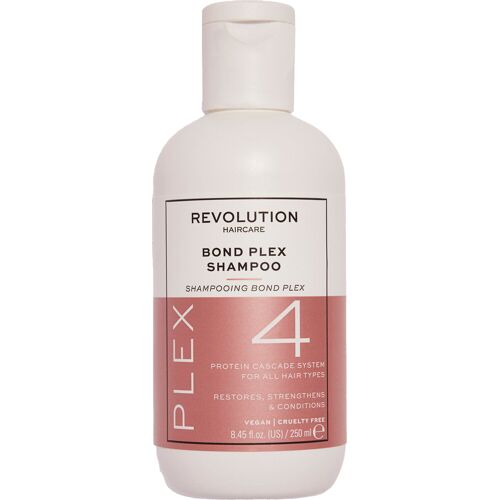 Weiß-rosa Shampooflasche von Revolution mit schwarzer Aufschrift, 250 ml. Weiß-rosa Shampooflasche von Revolution mit schwarzer Aufschrift, 250 ml.