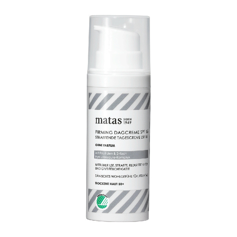 Weiße Flasche von Matas Firming Tagescreme mit LSF 15 auf weißem Hintergrund.