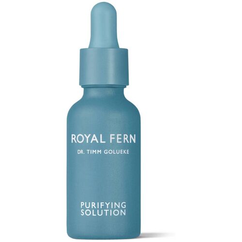 Blaue Tropfflasche Royal Fern Purifying Solution mit Schriftzug. Blaue Tropfflasche Royal Fern Purifying Solution mit Schriftzug.