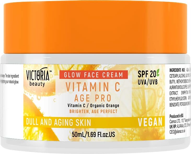 Gesichtscreme mit Vitamin C, weiß-orange Verpackung, SPF 20, für stumpfe Haut.