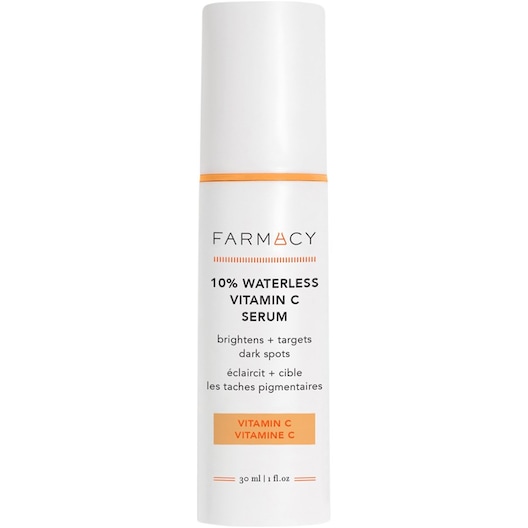 Flasche eines wasserlosen Vitamin-C-Serums mit englischer und französischer Beschriftung. Flasche eines wasserlosen Vitamin-C-Serums mit englischer und französischer Beschriftung.